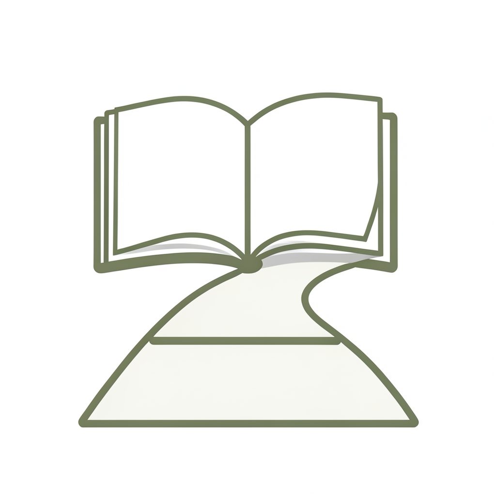 Ilustração simples de linhas em tom verde-oliva e cinza-claro representando páginas abertas e um caminho de leitura